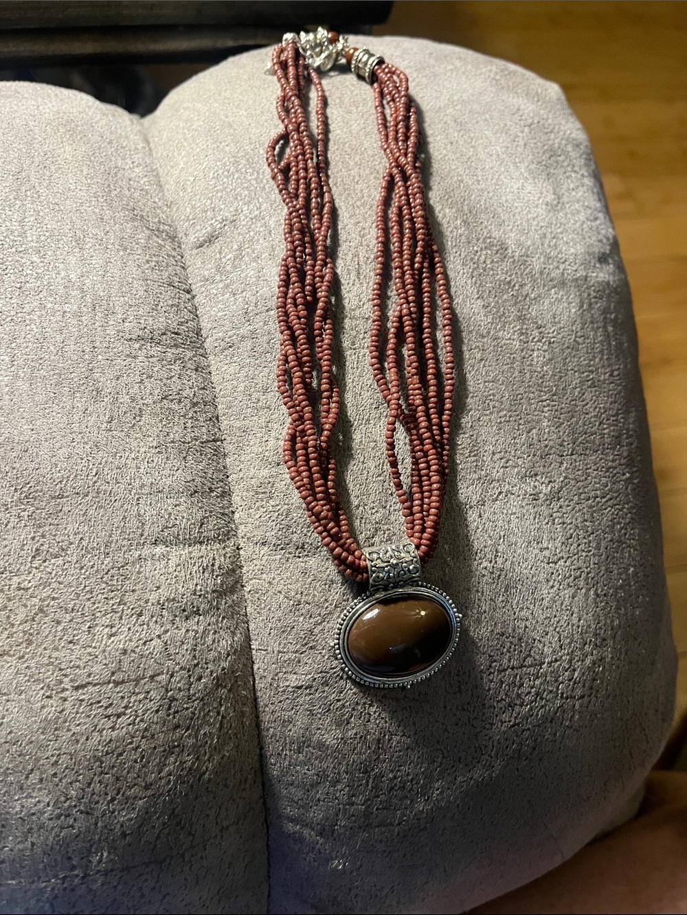 Handcrafted Brown Beaded Multi-Strand Necklace with Oval Stone Pendant 1961